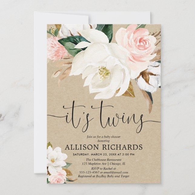 Invitation Twins garçon fille blanc rose rustique baby shower (Devant)