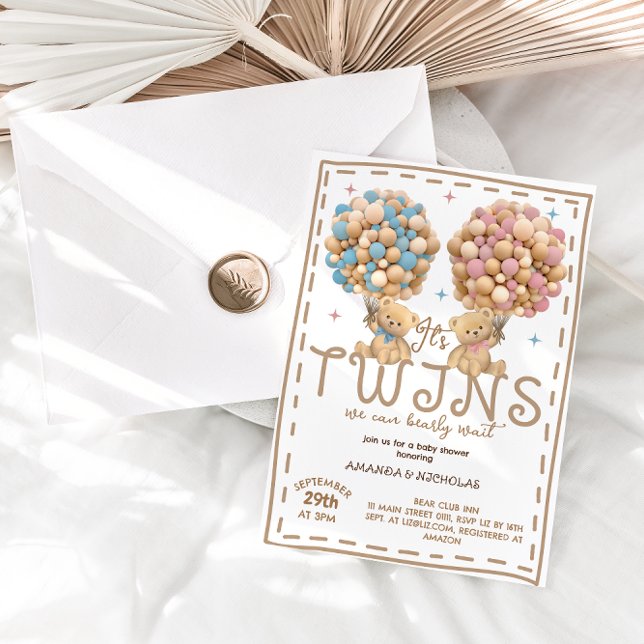 Invitation Twins Garçon ours bleu rose Baby shower de ballon  (Créateur téléchargé)