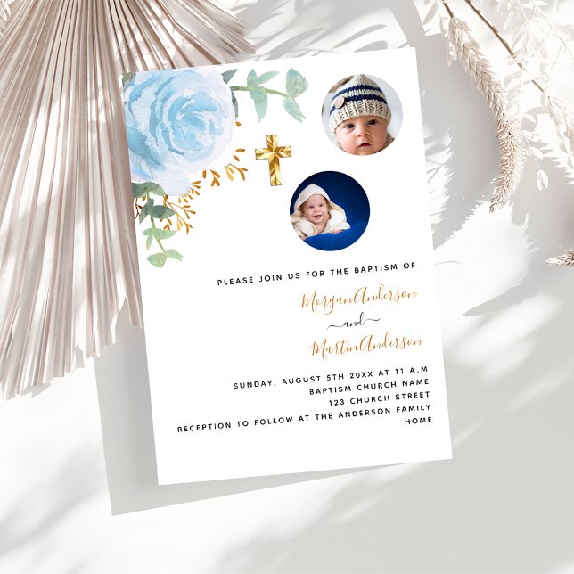 Invitation Twins garçons bleu floral photo baptême (Créateur téléchargé)