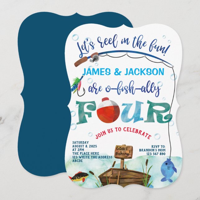 Invitation Twins garçons petit pêcheur thème 4ème (Devant / Derrière)