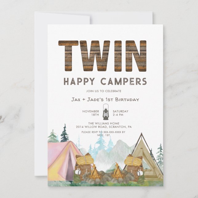 Invitation Twins Girl & Boy Rustic Happy Camper Anniversaire (Devant)