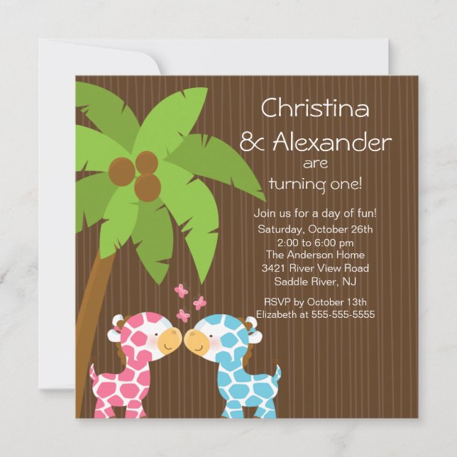 Invitation Twins Girl Boy Safari Jungle Giraffe Enfant Annive (Devant)