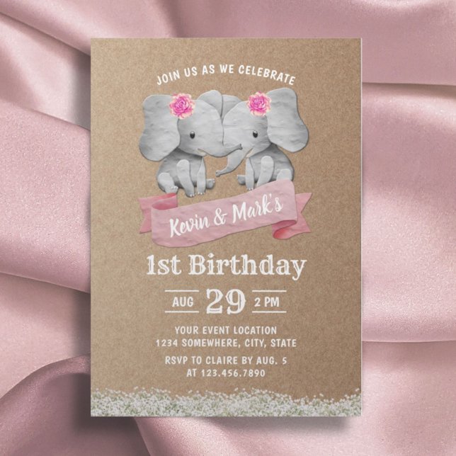 Invitation Twins Girl mignonne Elephant Rustique Kraft Annive (Créateur téléchargé)