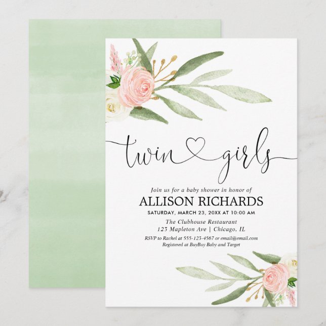 Invitation Twins girls, baby shower fleuri vert doré rose or (Devant / Derrière)