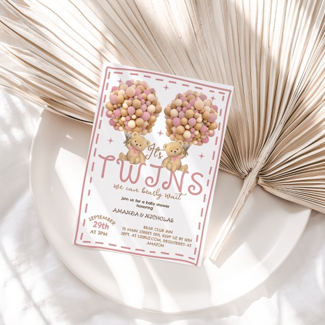 Invitation Twins Girls Bear Baby shower Balloon rose (Créateur téléchargé)