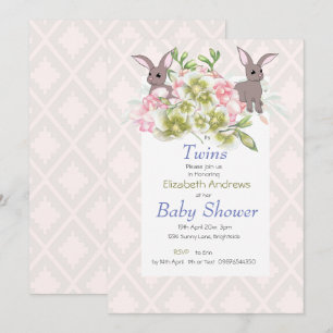 Invitation Twins Grey et Rose Floral Bunny Shower