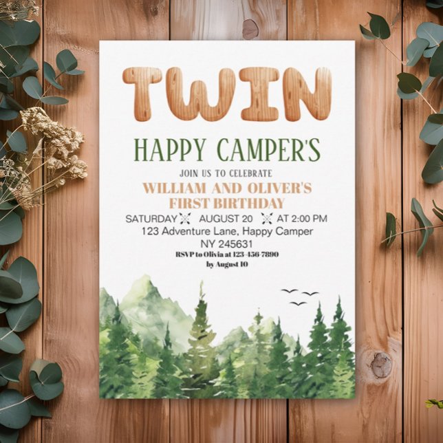 Invitation Twins Happy Campers Wood Green Forest 1er annivers (Créateur téléchargé)