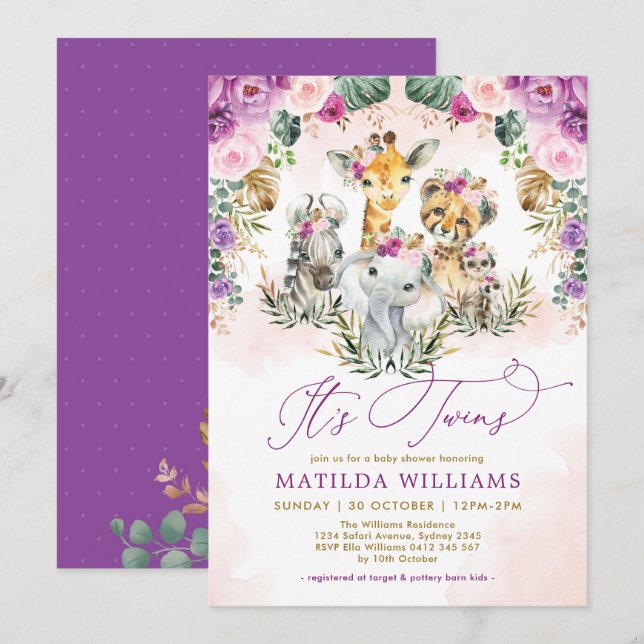 Invitation Twins Jungle Safari Animaux Boho Girl Baby shower (Devant / Derrière)