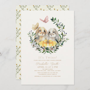 Invitation Twins Lop Lapin Lapin Lapin Baby shower Papillon d