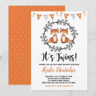 Invitation Twins modernes Fox Baby shower Orange Black Party