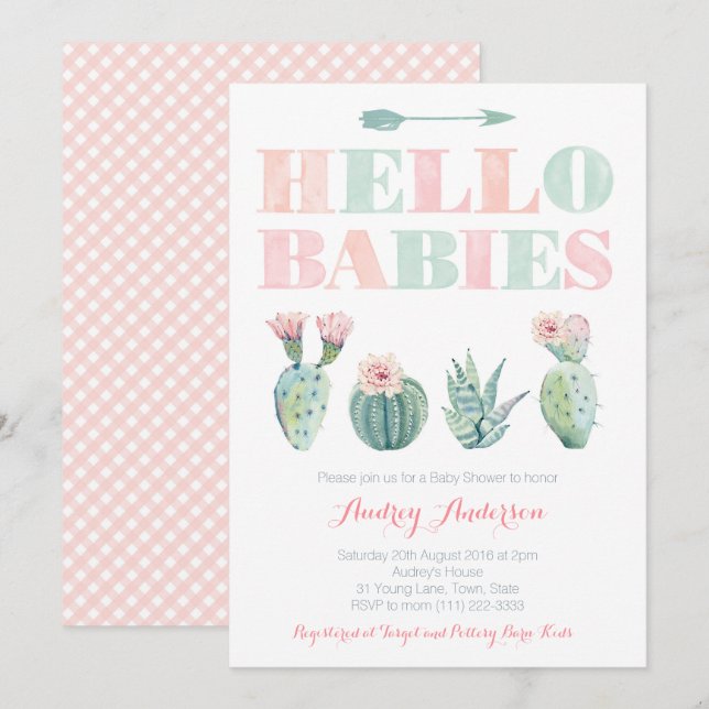 Invitation Twins ou Joint Baby shower Party avec Succulents (Devant / Derrière)