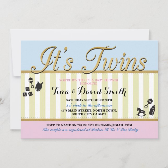 Invitation Twins Pink Blue Gold Boy fille Baby shower Invitat (Devant)