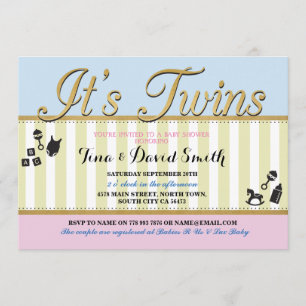Invitation Twins Pink Blue Gold Boy fille Baby shower Invitat