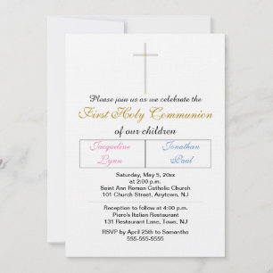 Invitation Twins Pink Blue Gold Première communion sainte