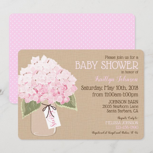 Invitation Twins Pink Hydrangea Mason Jar Baby shower rustiqu (Devant / Derrière)