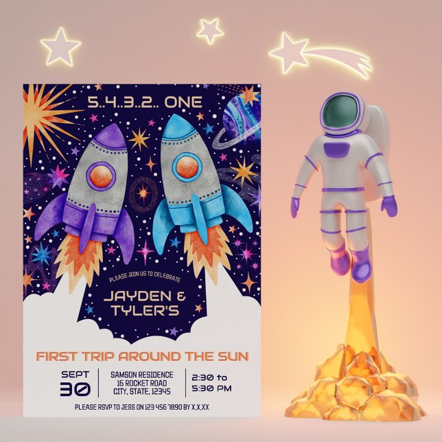 Invitation Twins Premier voyage autour de la fusée solaire (Twins First Trip Around the Sun Outer Space Rocket Invitation)