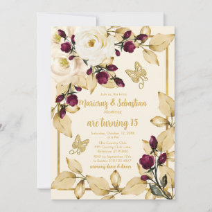 Invitation Twins Quinceañera Champagne Bourgogne et or