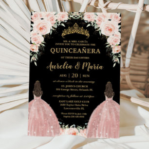 Invitation Twins Quinceañera Fleurs Roses Flore Douce Blush