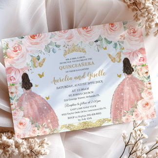 Invitation Twins Quinceañera Princesses Blush Floral Gold