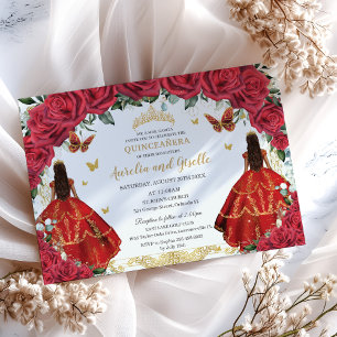 Invitation Twins Quinceañera Princesses Roses rouges Floral O