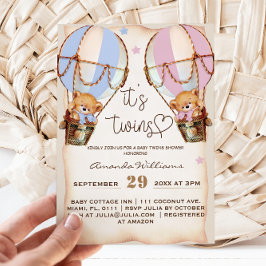 Invitation Twins Rustic Bear Boy & Girl Baby shower bleu rose