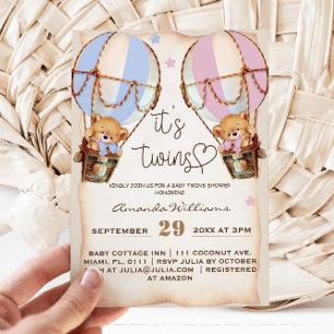 Invitation Twins Rustic Bear Boy & Girl Baby shower bleu rose