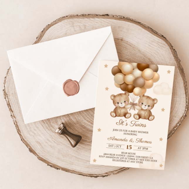 Invitation Twins Teddy Bear Baby shower à ballon neutre (Créateur téléchargé)