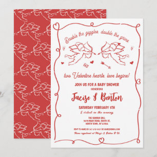Invitation Twins Valentines Baby shower Cupid Red Boy Love