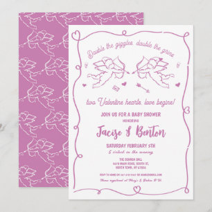 Invitation Twins Valentines Baby shower Cupidon fille rose am