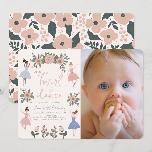 Invitation Twirl & Dance Ballerina Floral Photo 1er Anniversa (Devant / Derrière)