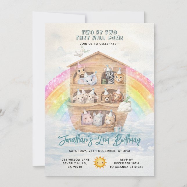 Invitation TWO BY TWO Noah's Ark Birthday Rainbow (Devant)