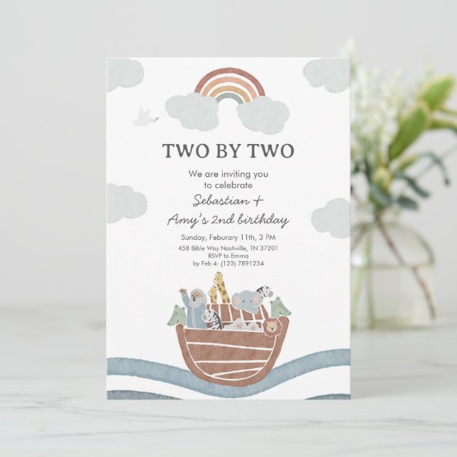 Invitation Two by Two Noahs Ark Twin Birthday (Debout devant)