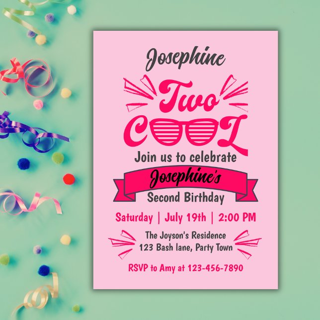 Invitation Two Cool Girls Pink Sunglasses 2nd Birthday (Créateur téléchargé)