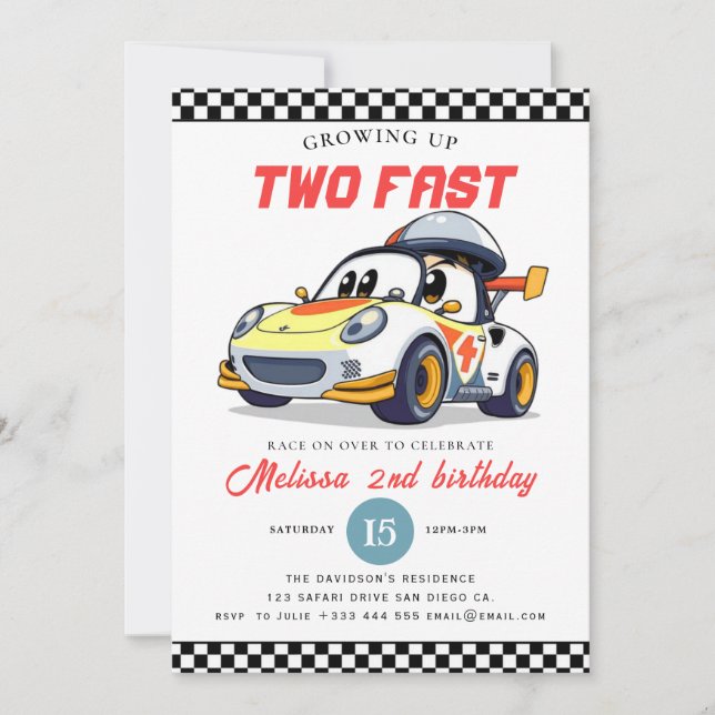 Invitation Two Fast Race Car Boy 2nd Birthday Party (Devant)