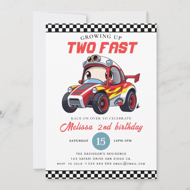 Invitation Two Fast Race Car Boy 2nd Birthday Party (Devant)