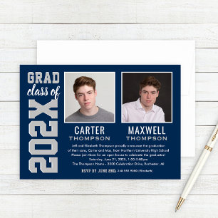 Invitation Two Graduates Navy Gray Graduation Party Photo