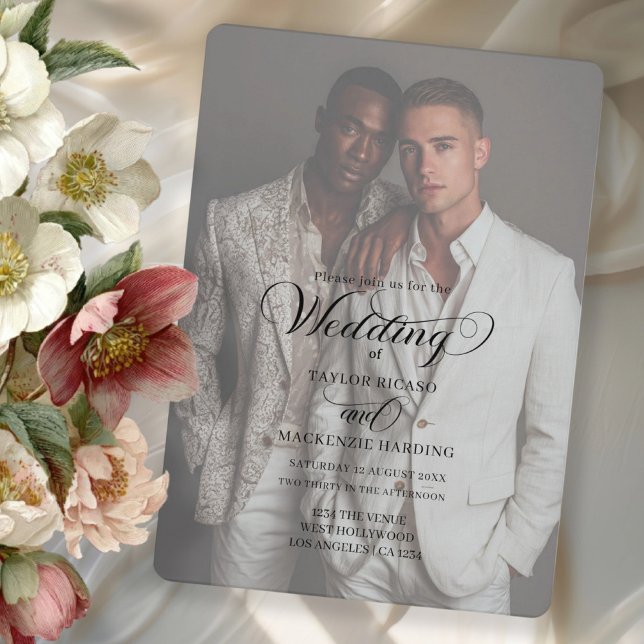Invitation Two Grooms Wedding Photo Template (Gay wedding two grooms invitation with elegant typography by Ricaso. Add photo and text)