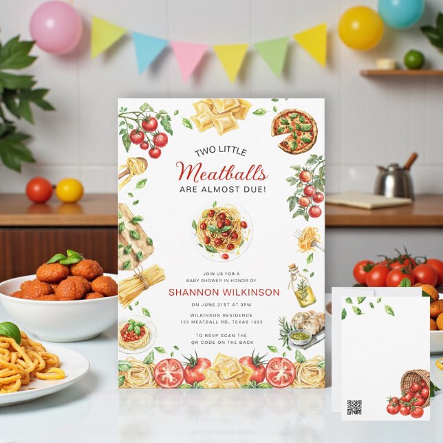 Invitation Two Little Meatballs Pasta Baby Shower QR code (Créateur téléchargé)