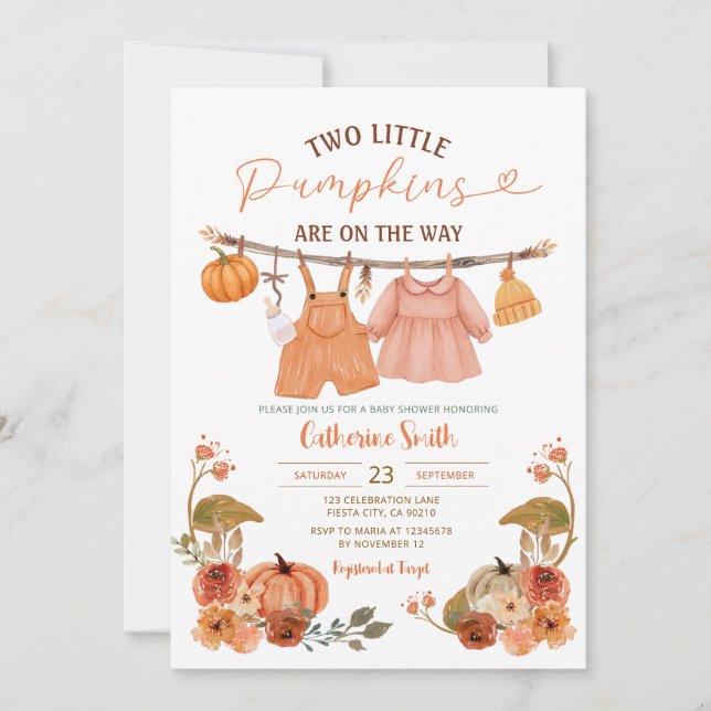 Invitation Two Little Pumpkins Baby Shower Clothesline Floral (Devant)