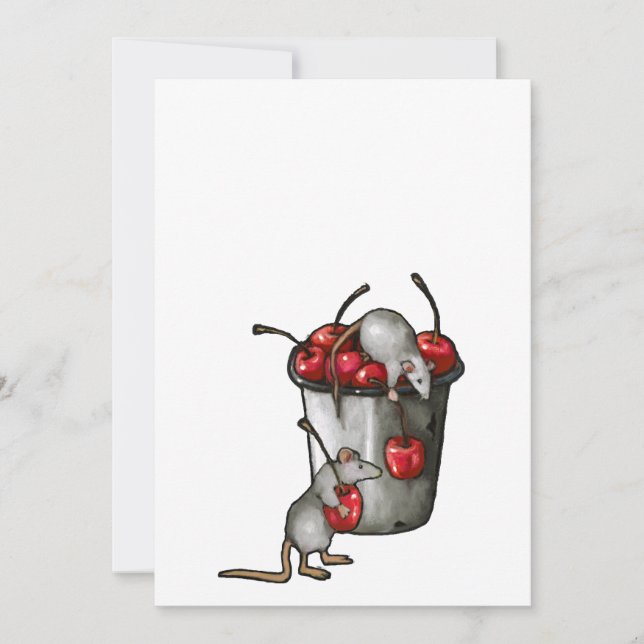 Invitation Two MICE Stealing Cherries, Bucket of Cherries Art (Devant)