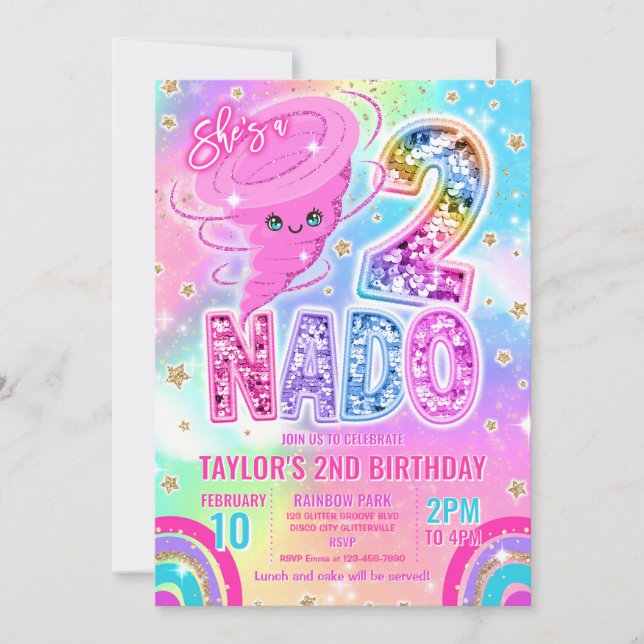 Invitation Two Nado Rainbow Glitter 2nd Birthday Party  (Devant)