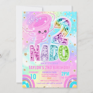 Invitation Two Nado Rainbow Glitter 2nd Birthday Party 