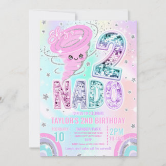 Invitation Two Nado Rainbow Glitter 2nd Birthday Party 