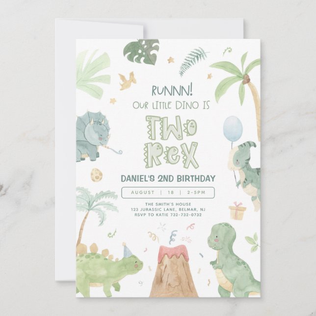 Invitation Two Rex Our Little Dino Second Birthday (Devant)