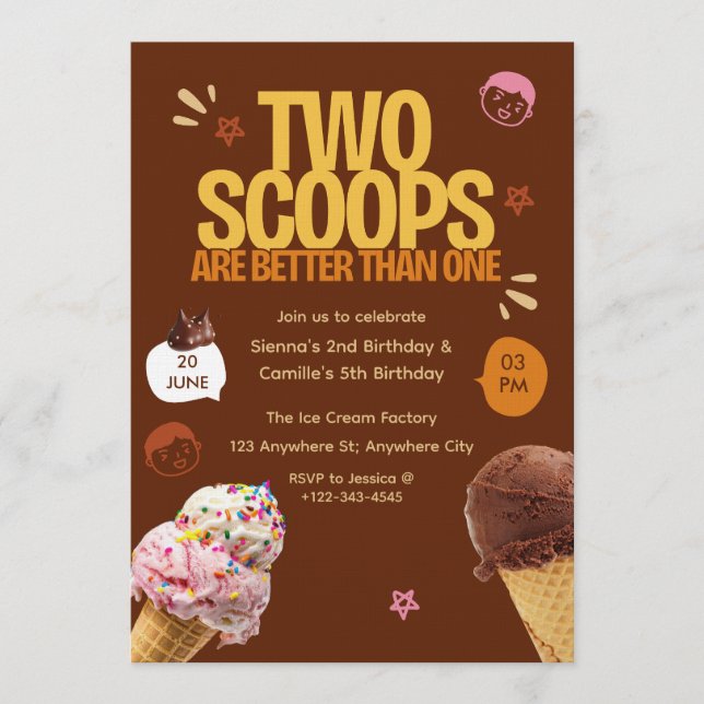 Invitation Two Scoops are Better Than One Ice Cream Birthday  (Devant)