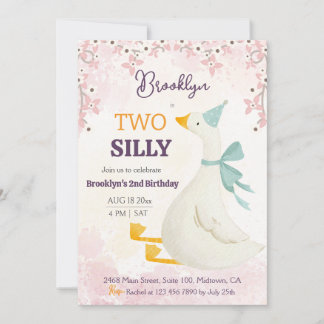 Invitation Two silly goose 2nd birthday cute floral pink