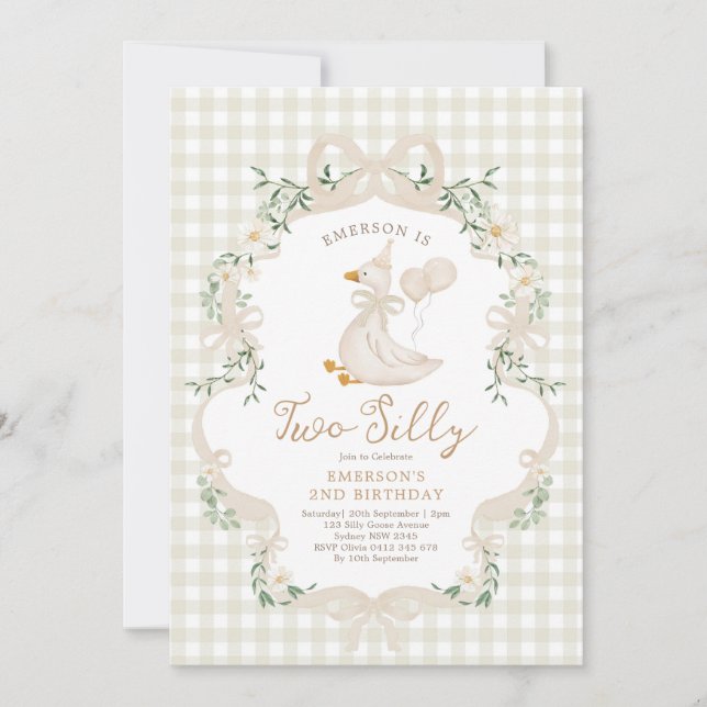 Invitation Two Silly Goose Beige Bow Girl 2nd Birthday (Devant)