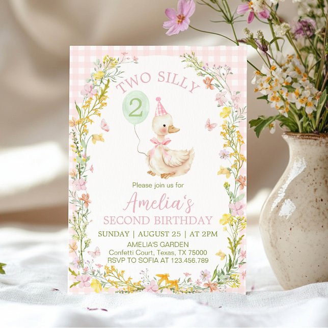 Invitation Two Silly Goose Floral Pink Gingham Girl Birthday (Créateur téléchargé)