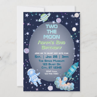 Invitation Two The Moon, Blue Green Space 2nd Birthday 