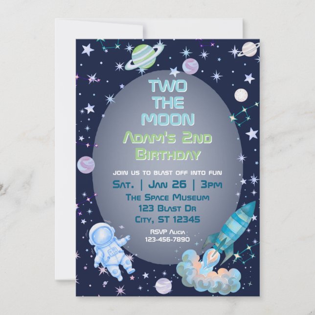 Invitation Two The Moon, Blue Green Space 2nd Birthday  (Devant)